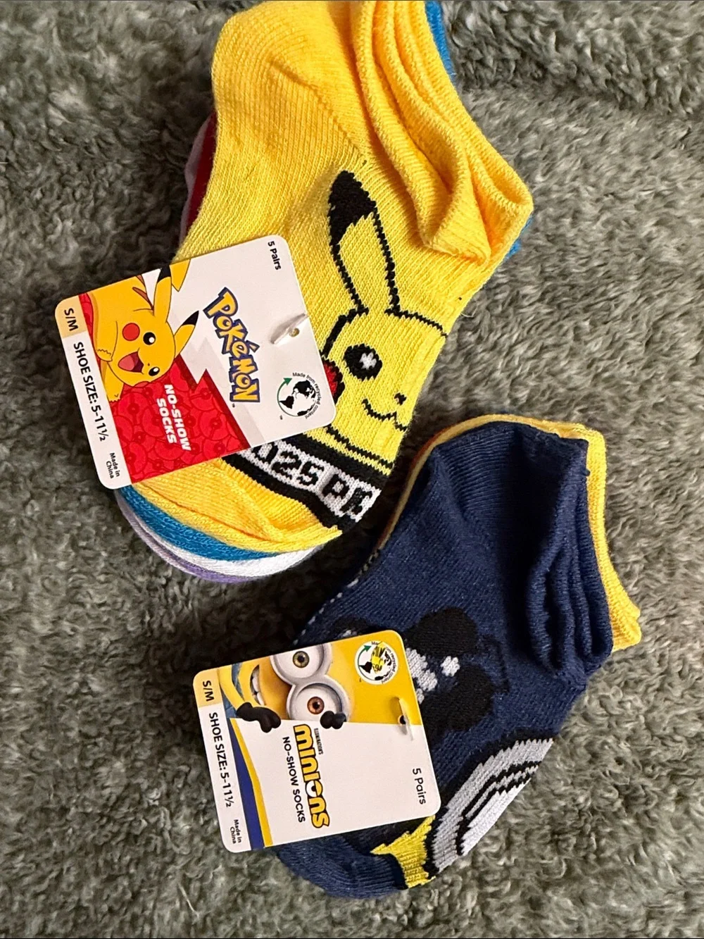 Kids 5 Pikachu & Pokémon Characters No-Show Socks 5 Minions Characters No show